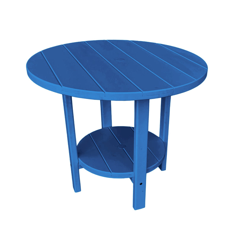 blue round outdoor dining table